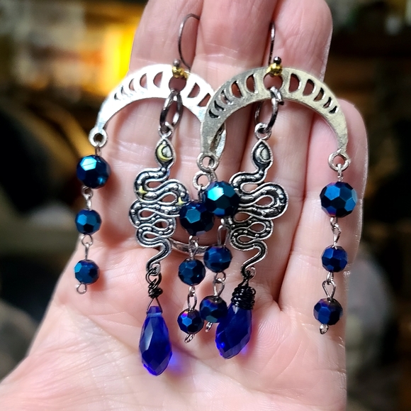Fun Moonphase serpent π &vintage venetian midnight gem earrings - Picture 7 of 10